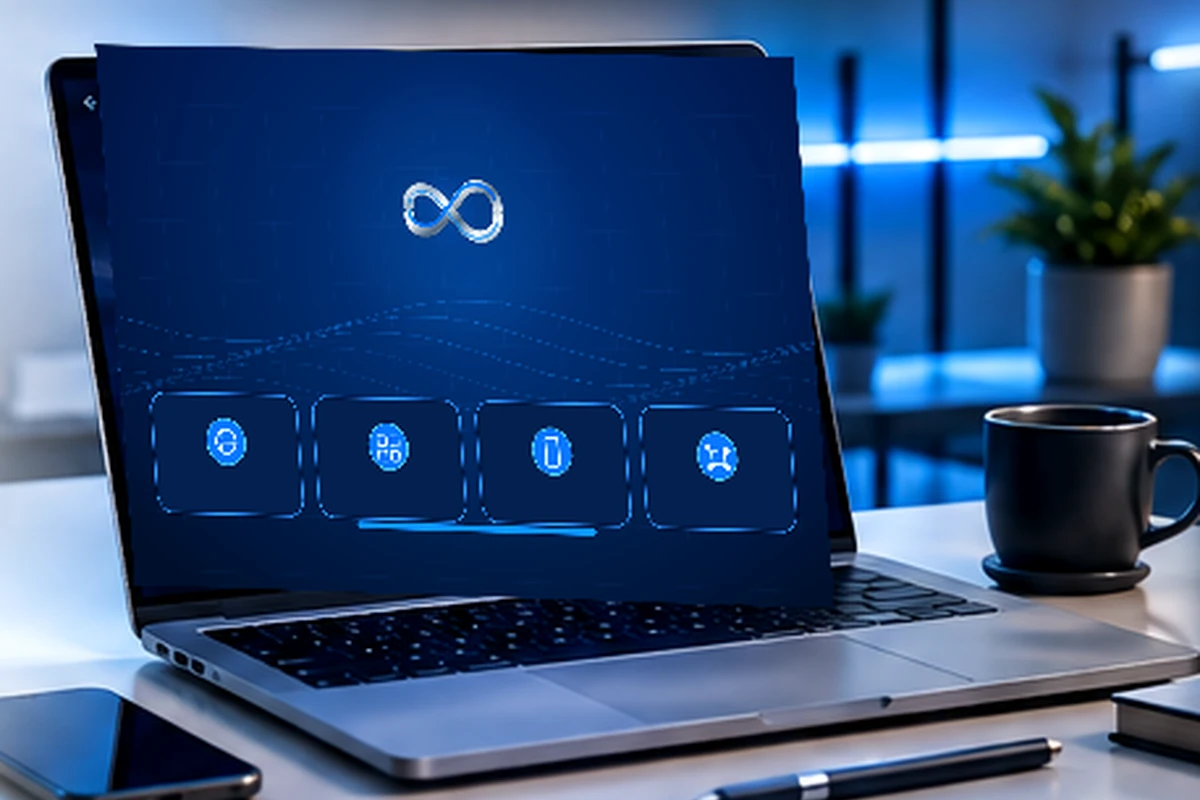 Apresentação visual da Infinitoline em notebook com soluções digitais sob medida